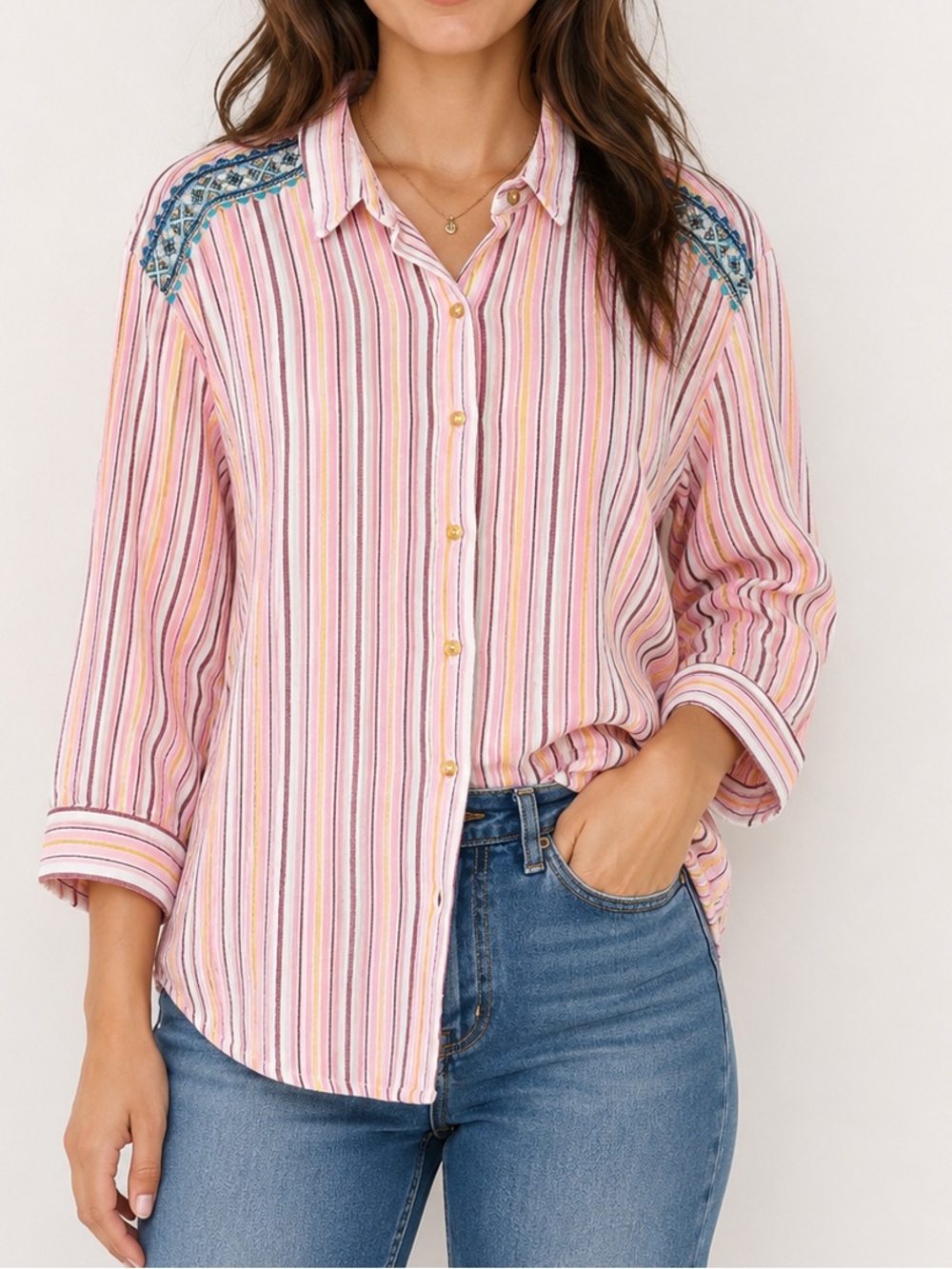 Anthropologie Akemi & Kin Striped Embroidered Shirt 3/4 Sleeve Western Boho 8